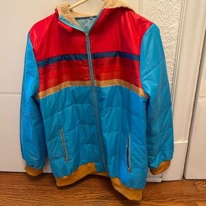 Women’s light blue/striped jacket with red hood size extra large